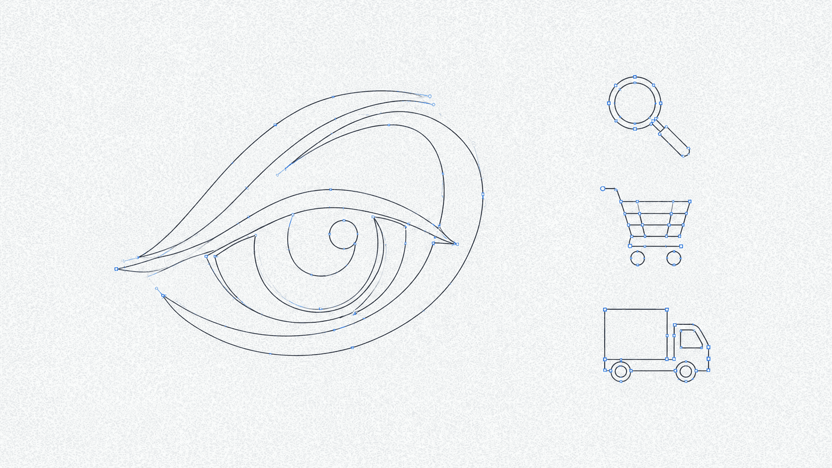 Optika Dzani Zaro eye logo with search, cart, and shipping icons shown as pen-tool vector constructions